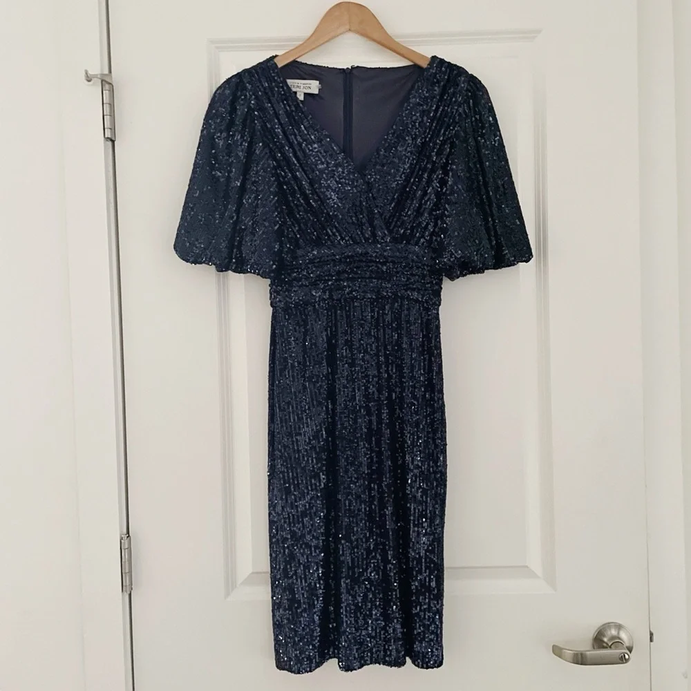 Rickie Freeman Teri John Draped Sequin Sheath Dress